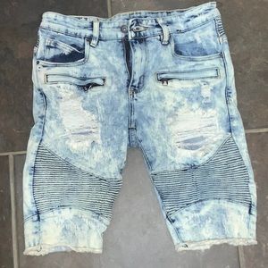 Acid washed denim moto shorts